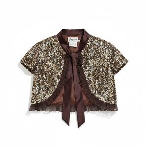 Jovani Sequin gold and purple bow accent ruffle Embellished Jacket size 2